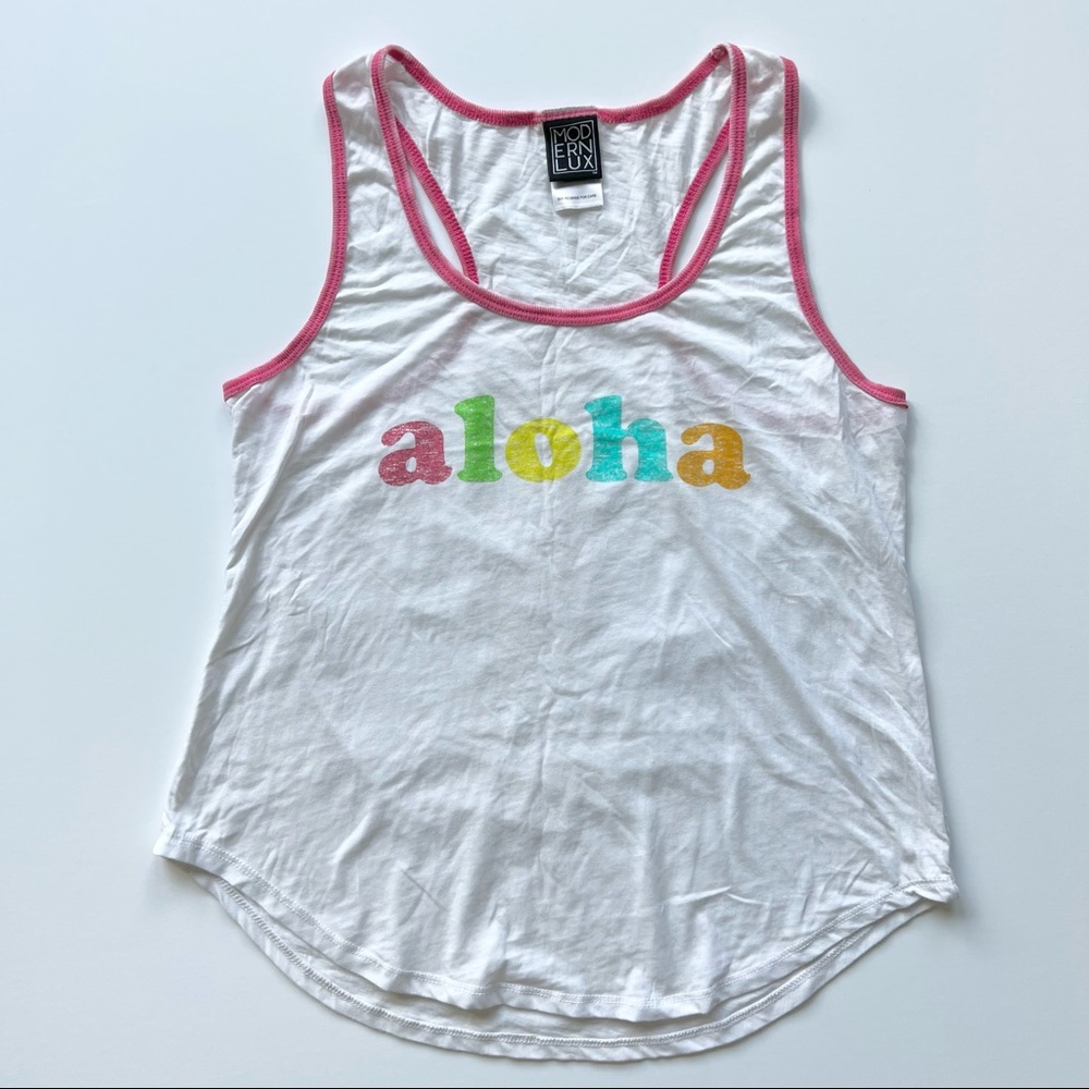 Modern Lux White Multicolor Aloha Tank Top, Medium